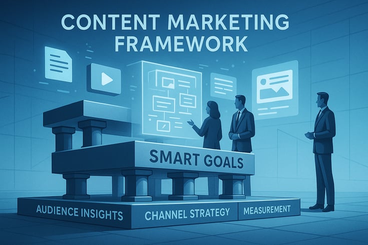 Timeline visualization showing the evolution of content marketing strategies from print to digital, with ROI metrics demonstrating increased effectiveness over time