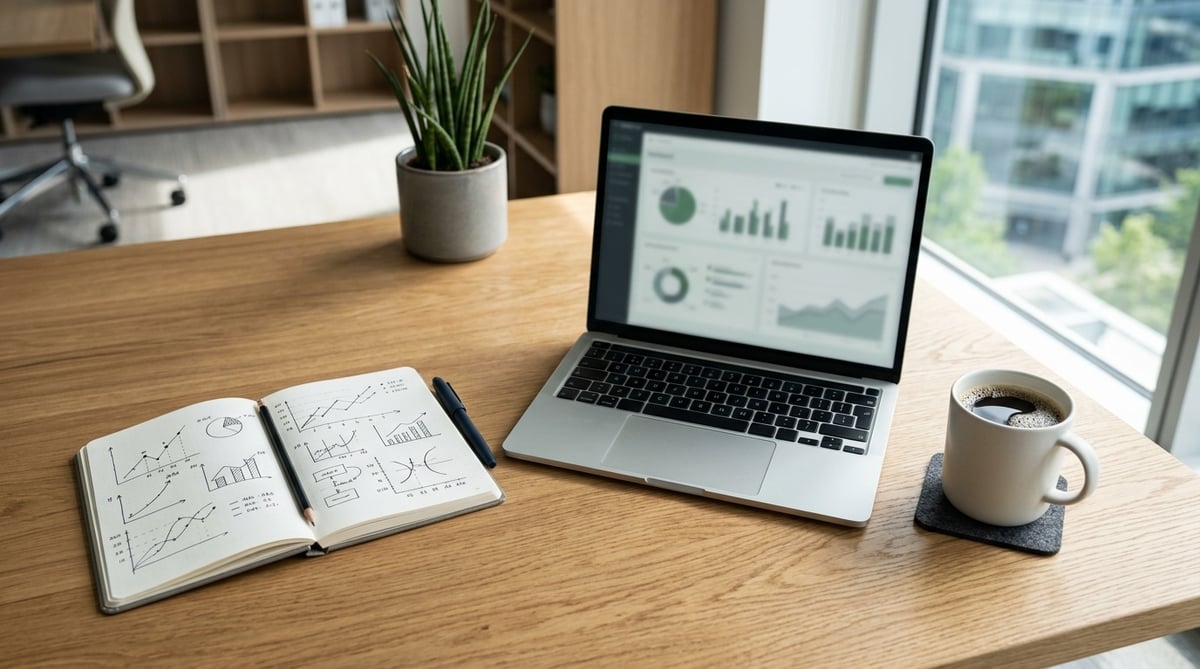 An open notebook of hand-drawn performance charts beside a laptop on a wooden desk in a bright office.