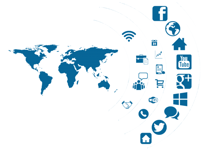 Image of the world with various social media icons