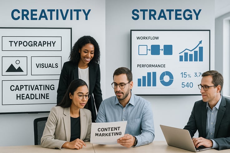 Strategic content marketing workspace illustrating the balance between creative content development and structured processes for measurable business results