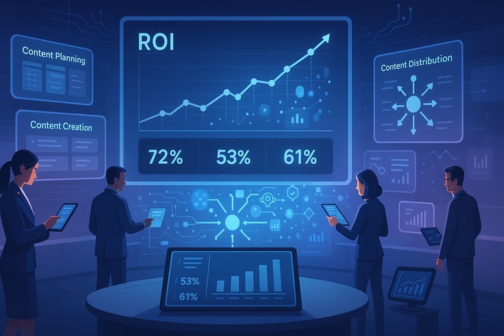 Content marketing automation and ROI measurement dashboard showing performance metrics, workflow tools, and business impact indicators for scalable content operations