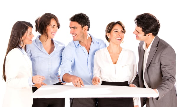 Group of architects holding the base for a mockup - isolated over white