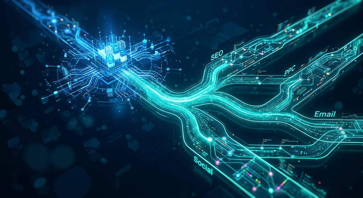 Abstract illustration representing digital marketing channels feeding into a single connected customer relationship management system.
