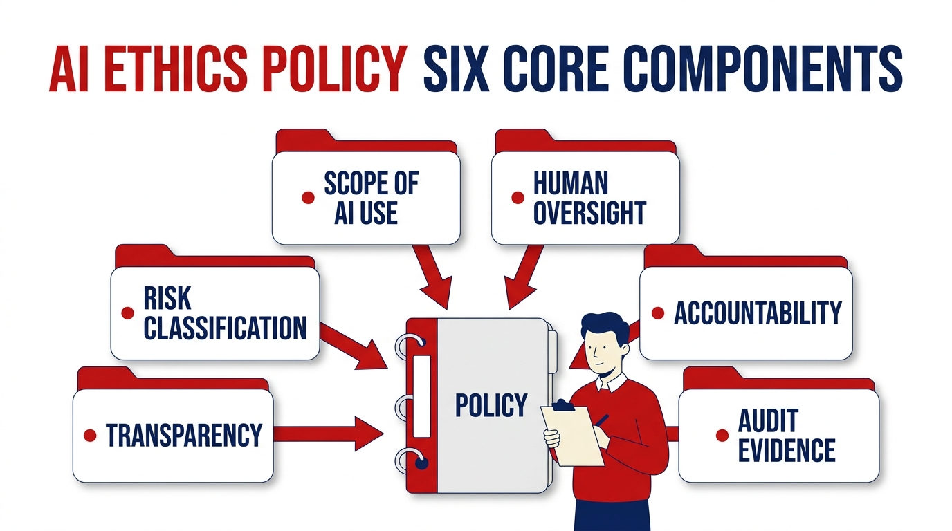 Filled infographic illustration titled AI Ethics Policy: Six Core Components, showing six labelled document cards (scope of AI use, risk classification, transparency, human oversight, accountability, audit evidence) connected by red arrows to a central policy binder, with a person reviewing it.