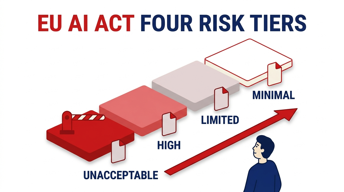 Filled infographic illustration titled EU AI Act: Four Risk Tiers, showing four ascending steps labelled unacceptable, high, limited and minimal, the top step solid red with a barrier gate, a red arrow rising beside them and a person looking up.