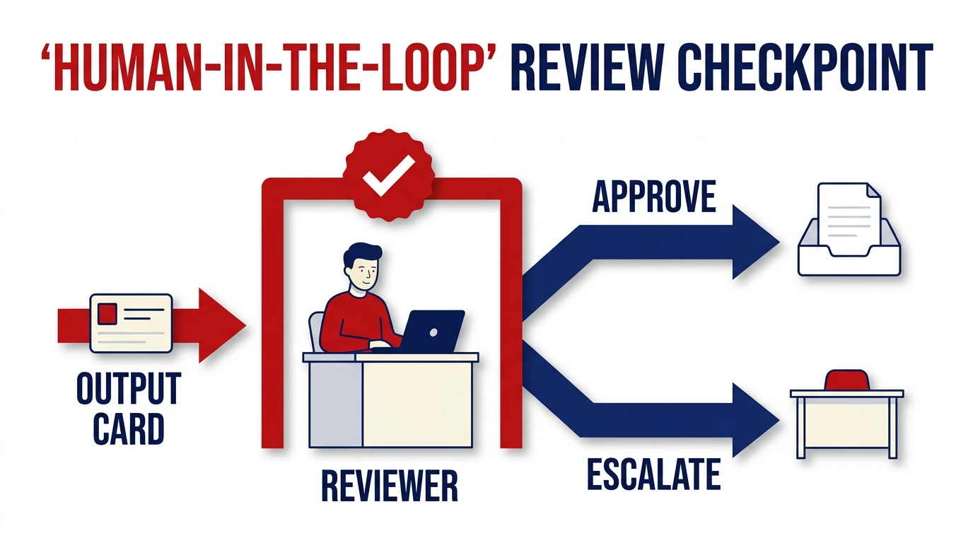 Filled infographic illustration titled Human-in-the-Loop Review Checkpoint, showing an output card entering a red review gate where a person reviews it at a desk, with navy arrows branching to approve or escalate.