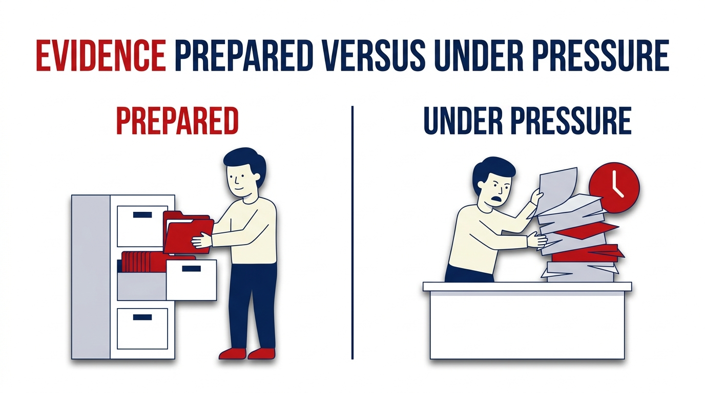 Split filled infographic illustration titled Evidence: Prepared versus Under Pressure, showing on the left a person calmly filing a neat stack of red folders and on the right a person hurriedly stacking an uneven pile of papers beside a clock.