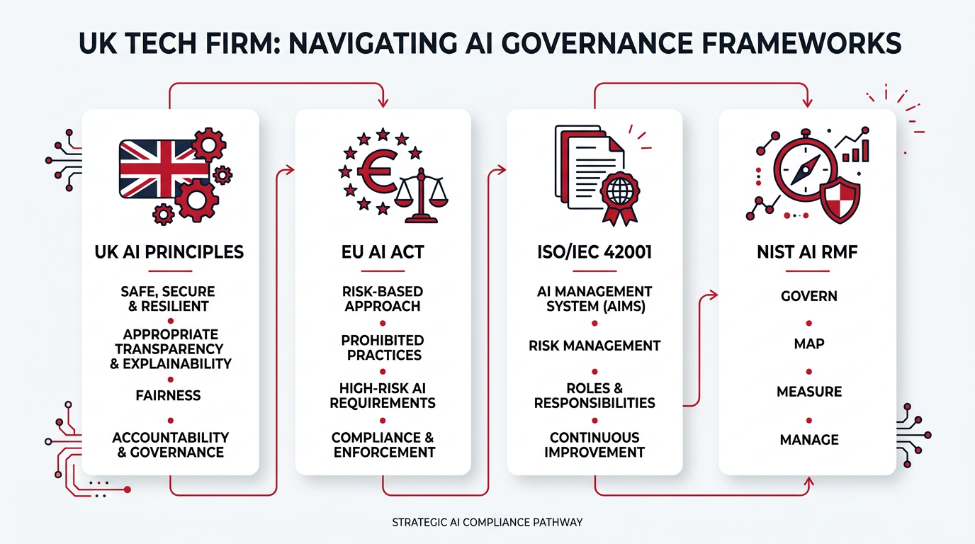 AI governance frameworks: UK AI principles, EU AI Act, ISO/IEC 42001, NIST AI RMF
