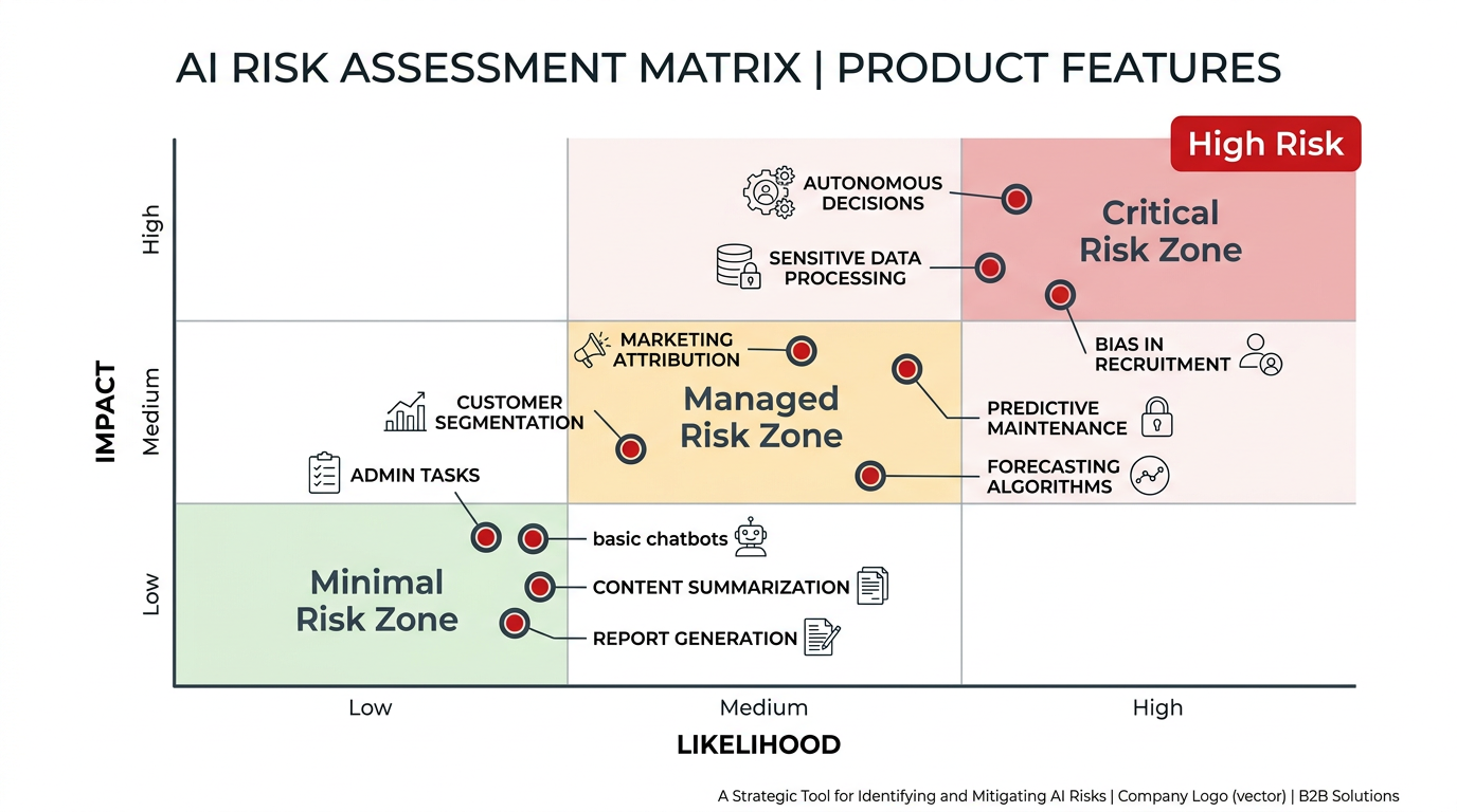 AI risk matrix plotting product features by likelihood and impact