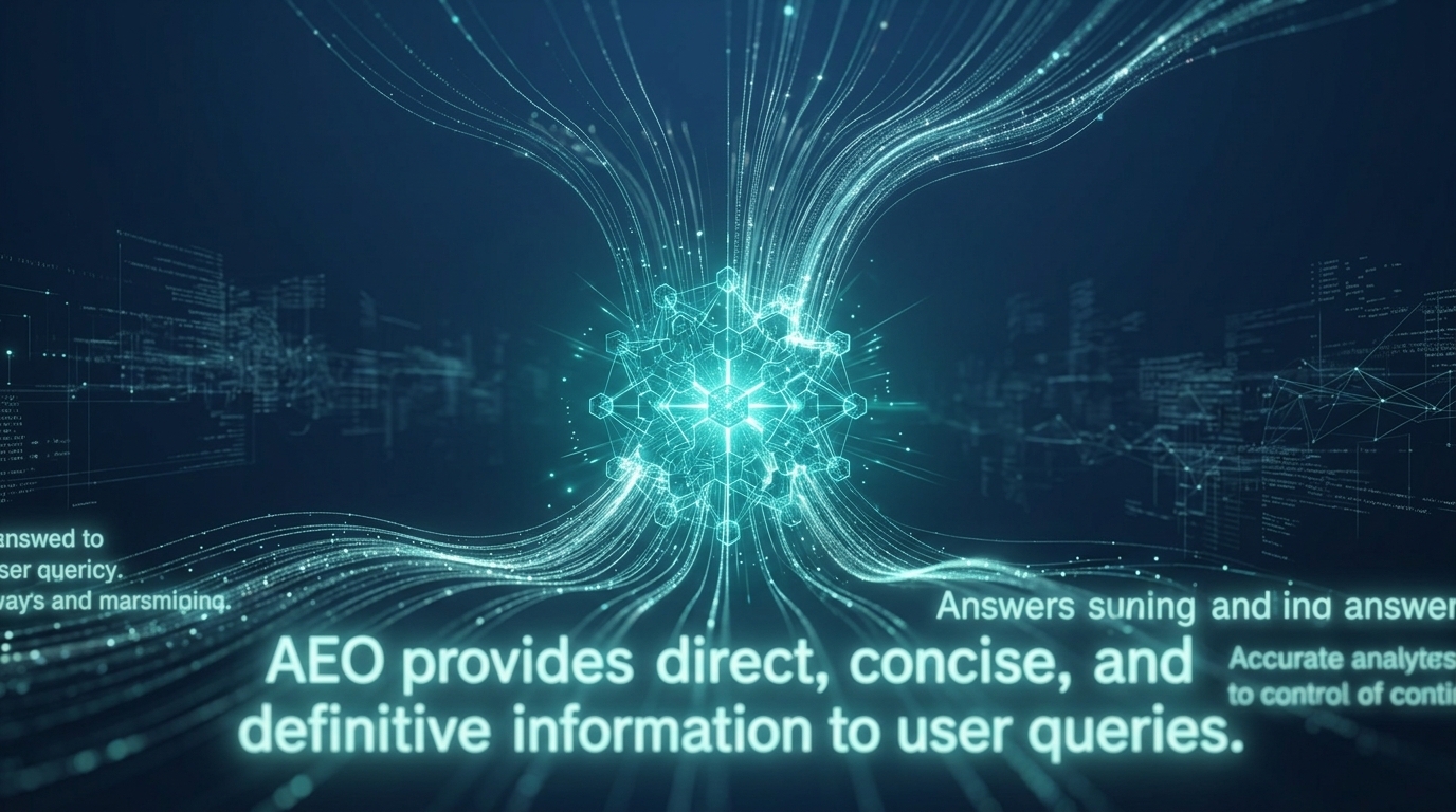 Abstract visualisation of structured data flowing upwards to form synthesised answers, representing AEO.
