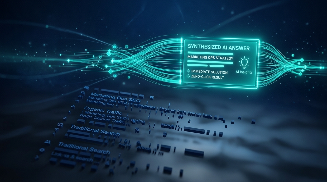 Fragmented blue data sinks as a cohesive teal data structure forms an answer block, showing shifting search.