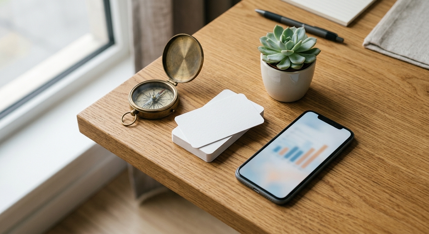 A clean, modern editorial still life of a polished wooden desk with neatly arranged marketing tools: a vintage brass compass, a stack of crisp white business cards, a small potted succulent, and a sle