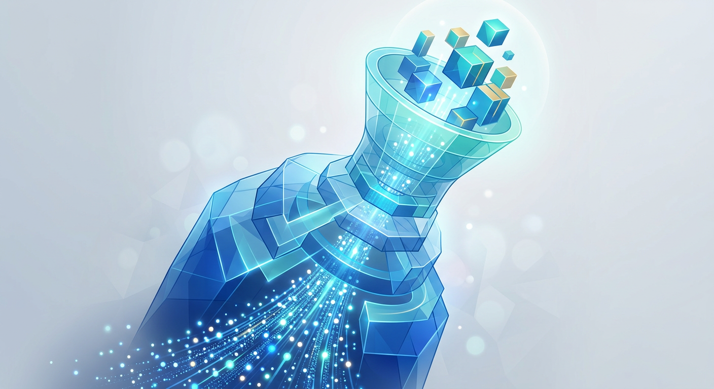An illustration of a content funnel built from interlocking translucent shapes, with data points rising through it.