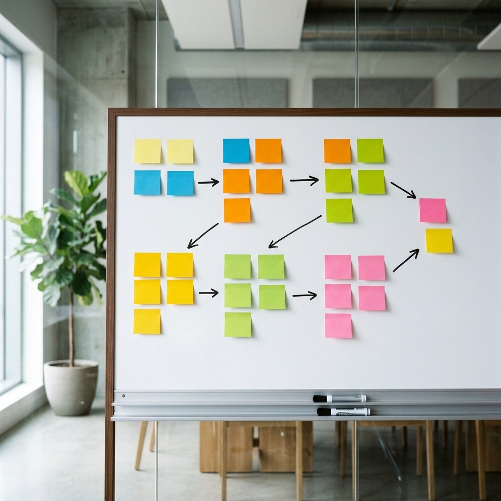 A whiteboard in a meeting room with sticky notes arranged in a flow and hand-drawn arrows connecting them.
