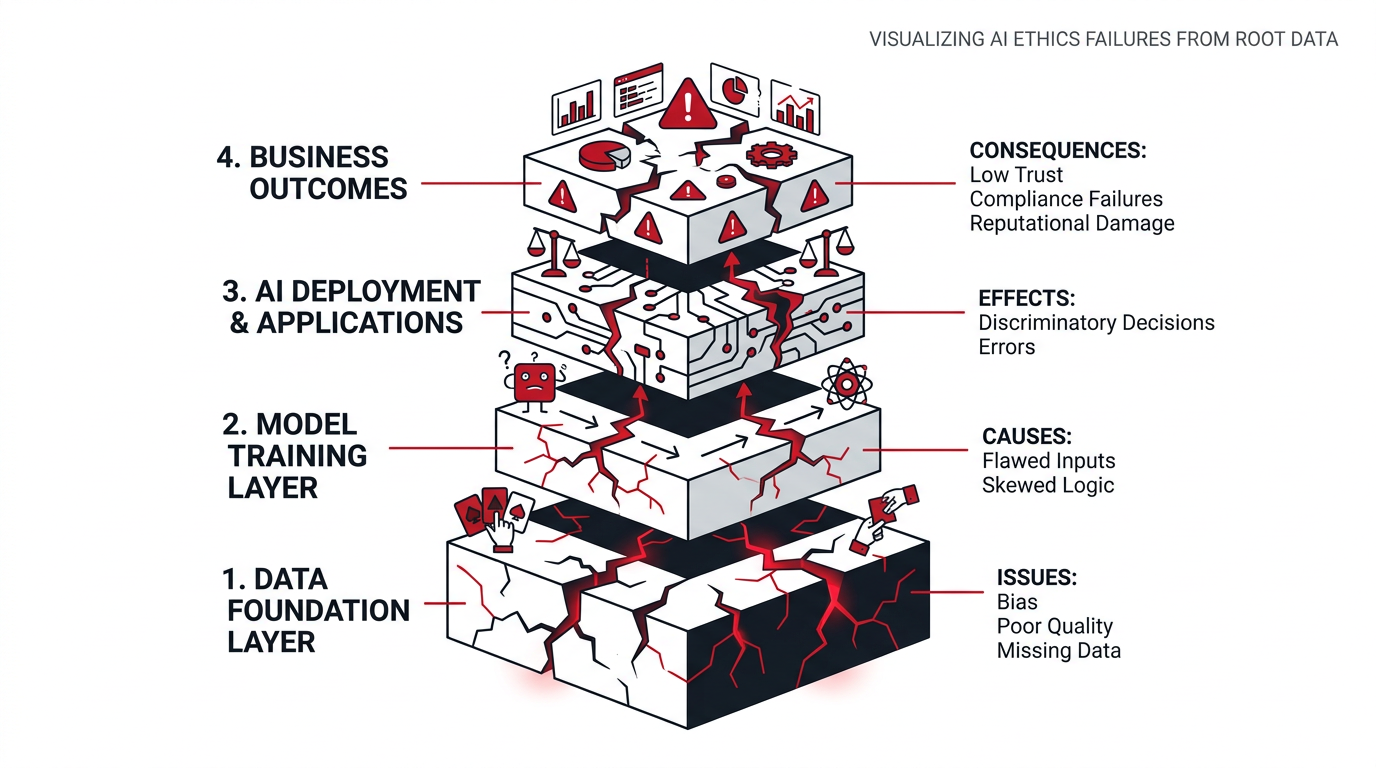 AI ethics failures originating at the data layer and propagating upward