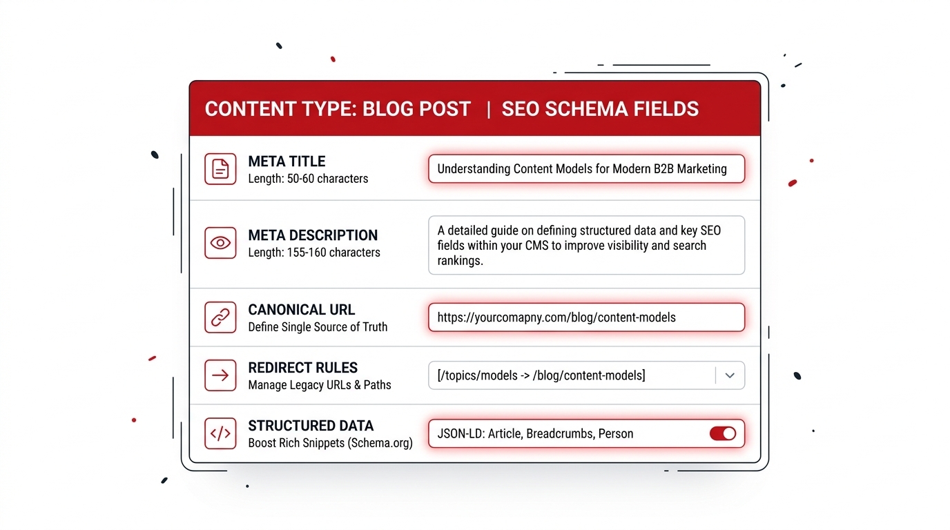 Headless content model with SEO fields: meta, canonical, redirects and structured data