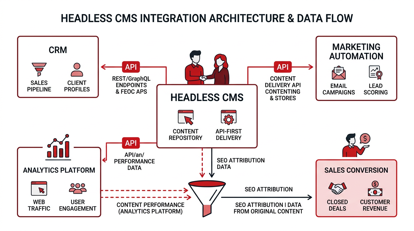 Headless CMS connected by API to CRM, analytics and marketing automation
