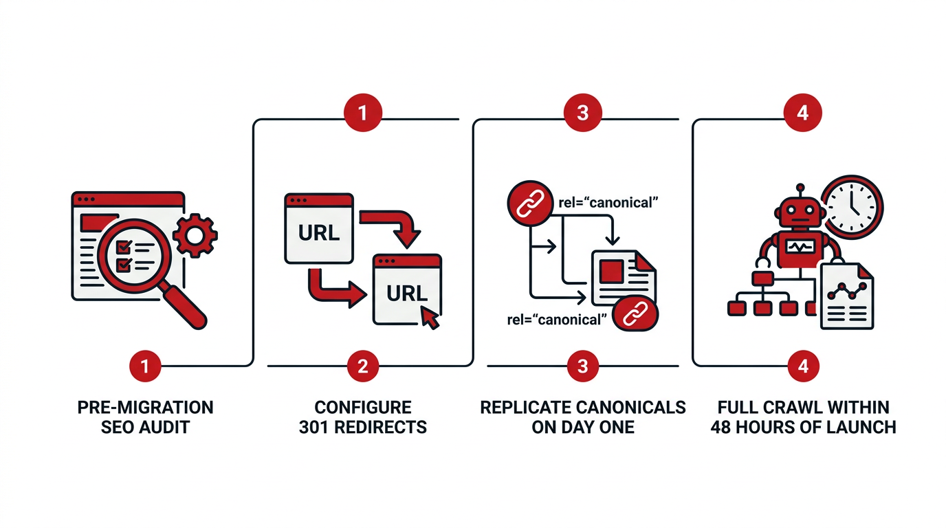 Four-step headless CMS SEO migration timeline ending in a 48-hour crawl