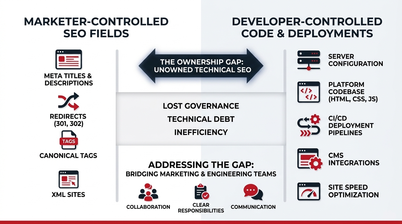 SEO governance ownership gap between marketer-controlled fields and developer-controlled code