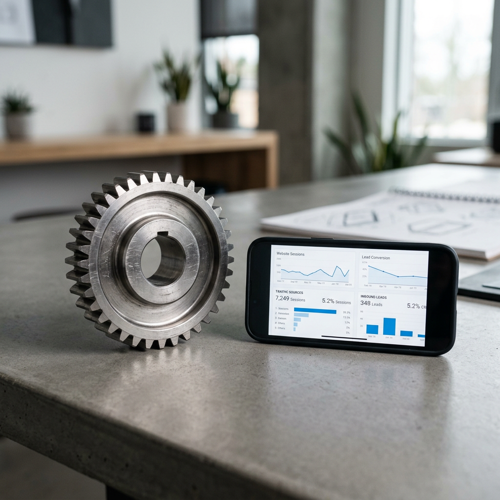 A close-up, square editorial shot of a polished metal gear or component resting on a minimalist desk, with a smartphone or tablet displaying a simple analytics dashboard beside it. The background is s