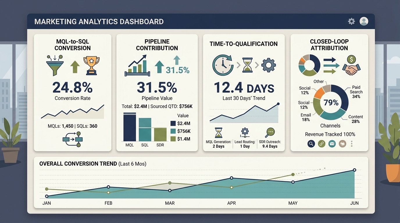 ROI dashboard: MQL-to-SQL rate, pipeline contribution, time-to-qualification, closed-loop attribution