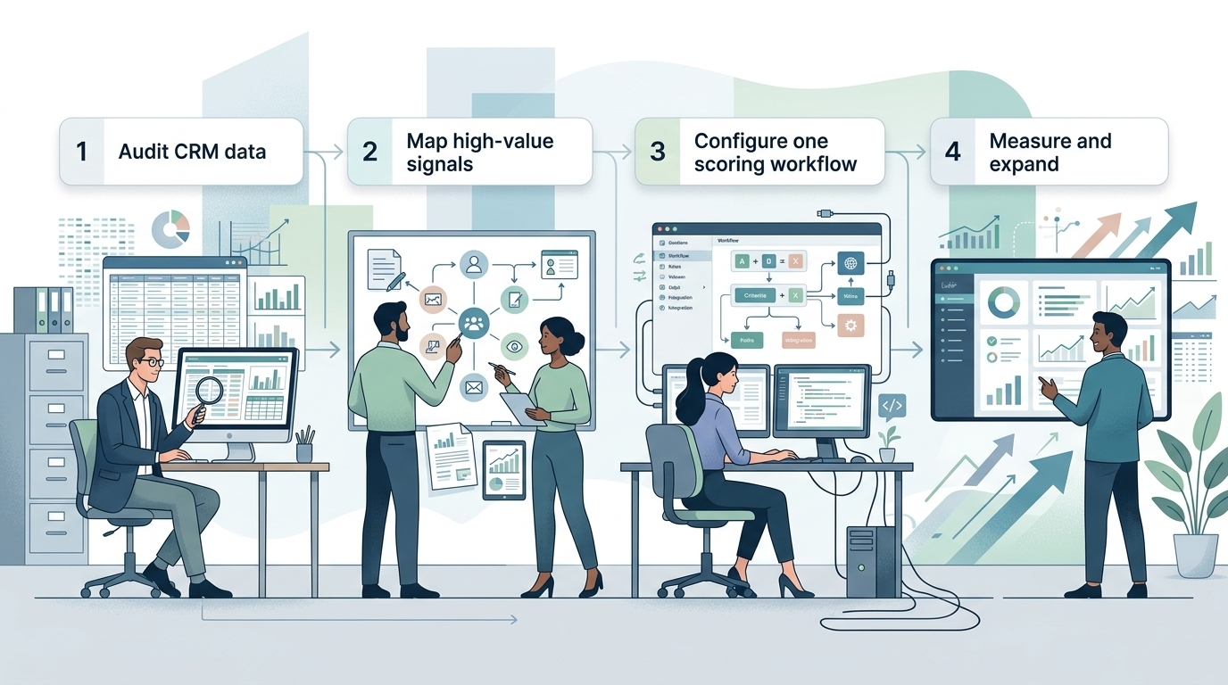 Four-step rollout roadmap: audit, map signals, configure one workflow, measure and expand