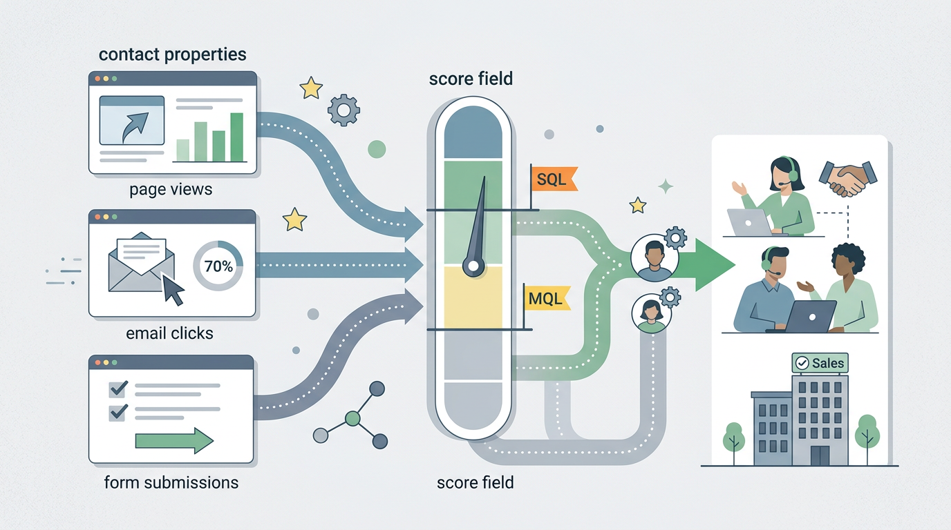 Behavioural lead-scoring model: contact properties feed score fields, MQL/SQL thresholds route to sales