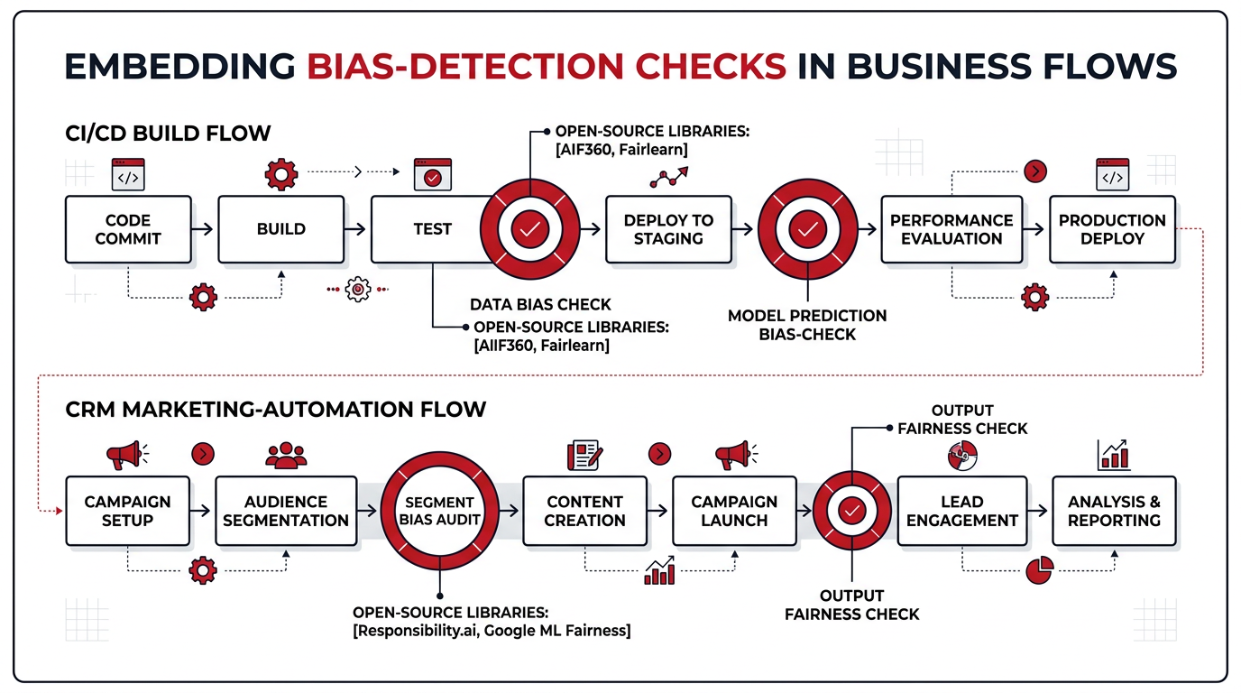Bias-detection checks embedded as gates in CI/CD and CRM workflows