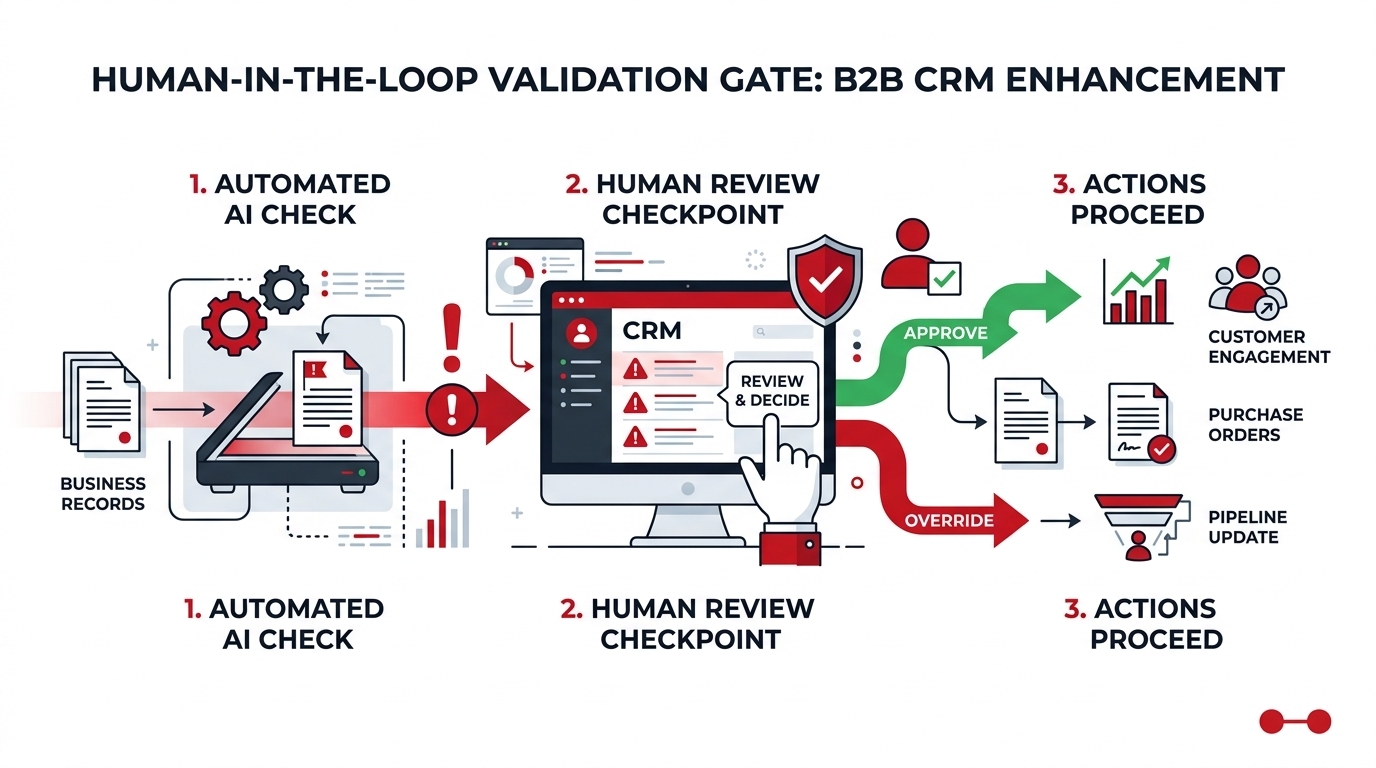 Human-in-the-loop validation gate before an automated AI action proceeds