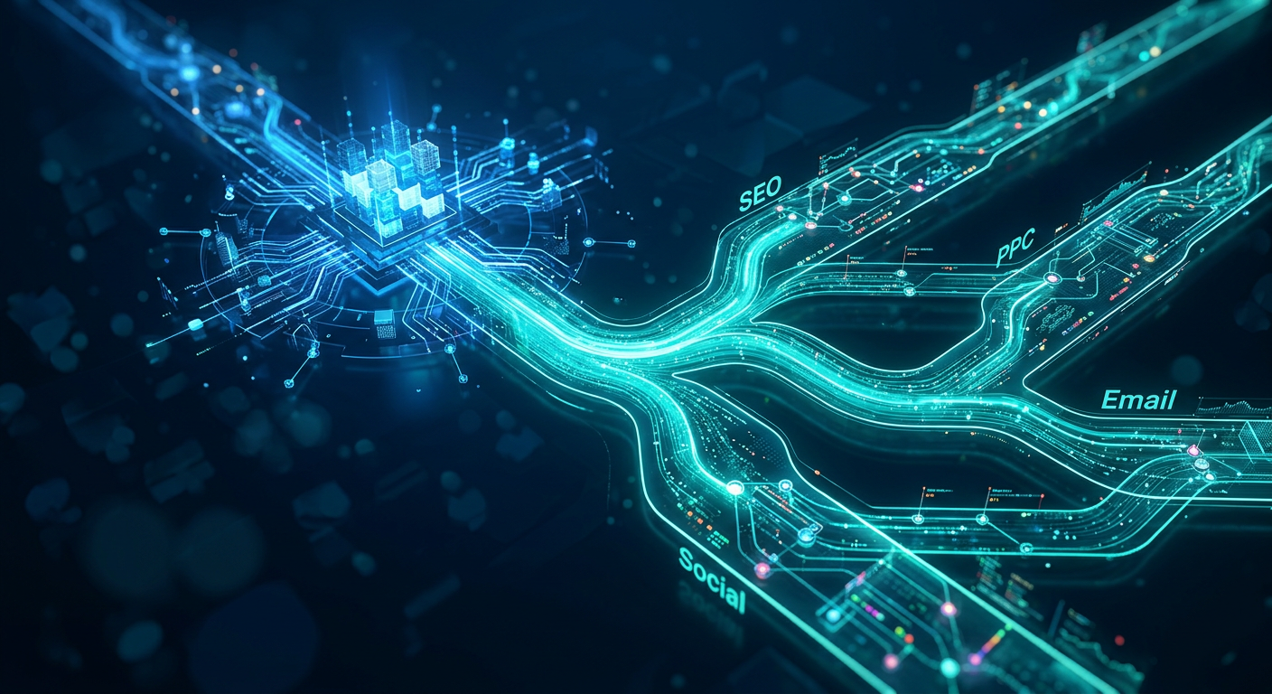 Abstract illustration representing digital marketing channels feeding into a single connected customer relationship management system.