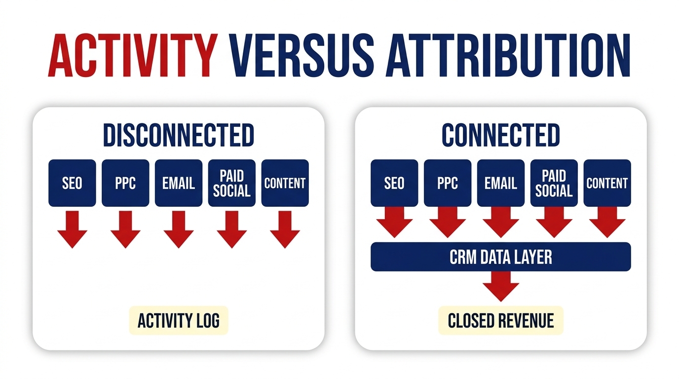 A comparison showing five marketing channels reporting separately into isolated activity logs on one side, and the same five channels feeding a single CRM data layer that traces through to closed revenue on the other.