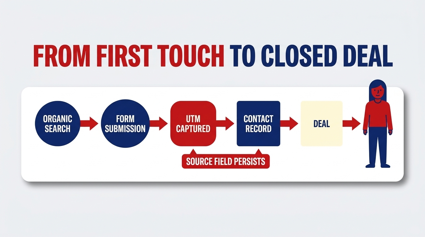 A left to right diagram tracing a contact from an organic search visit through form submission, UTM capture and the CRM contact record to a closed deal, with the source field persisting the whole way.