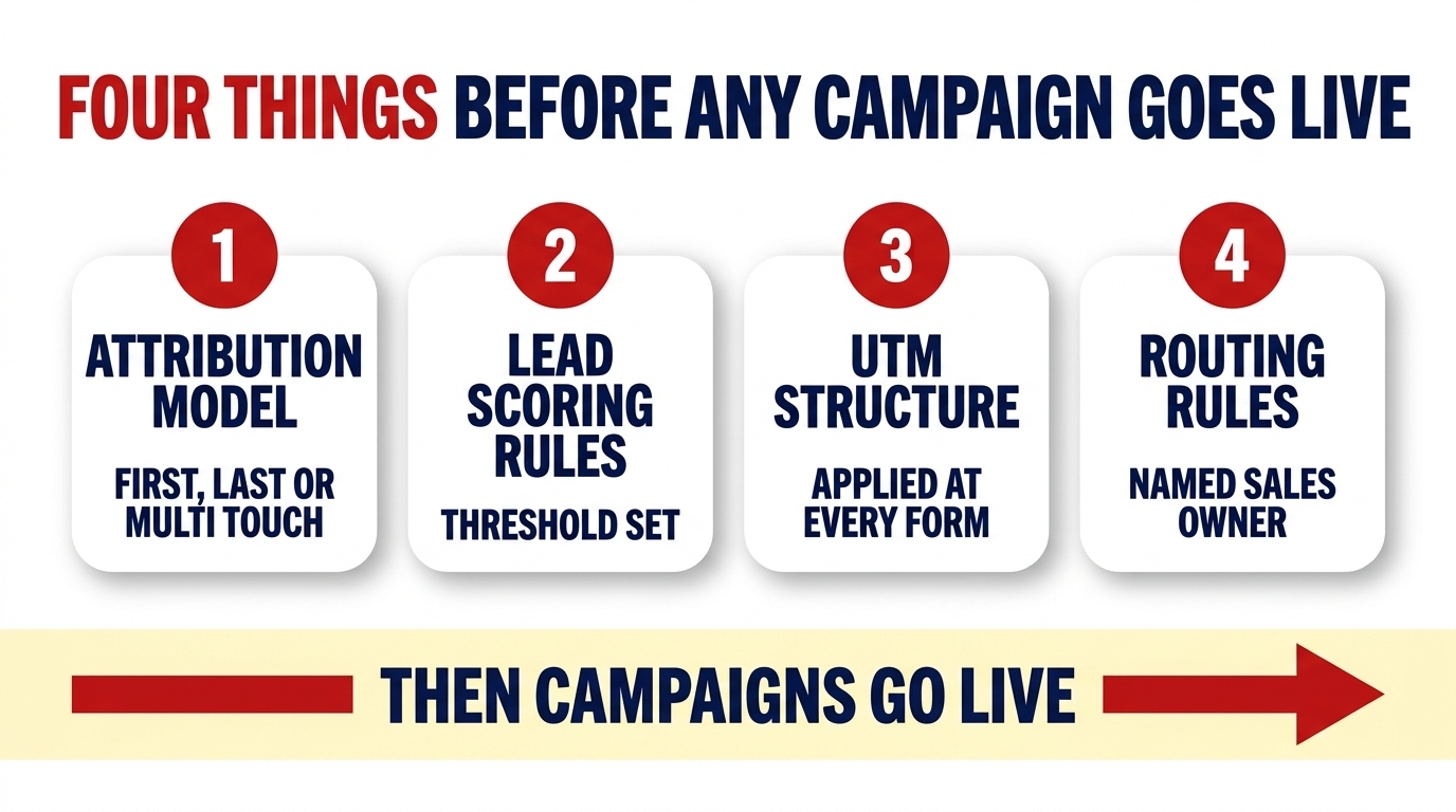 Four numbered prerequisite cards: attribution model, lead scoring rules, UTM structure and routing rules, with a band beneath showing that campaigns go live only after all four are in place.