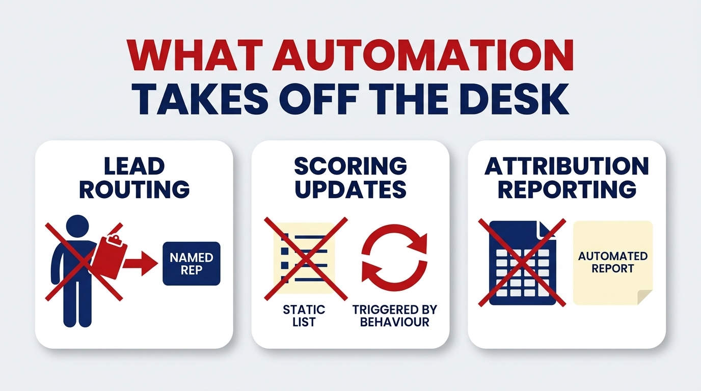 Three cards contrasting manual lead routing, static scoring lists and spreadsheet reporting against automated routing to a named representative, behaviour-triggered scoring updates and automated attribution reporting.