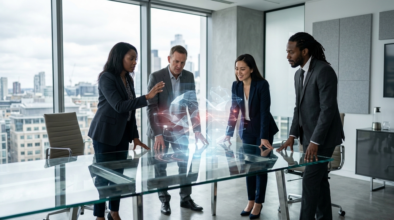 Business professionals in a modern boardroom reviewing an abstract holographic visualisation representing enterprise AI data