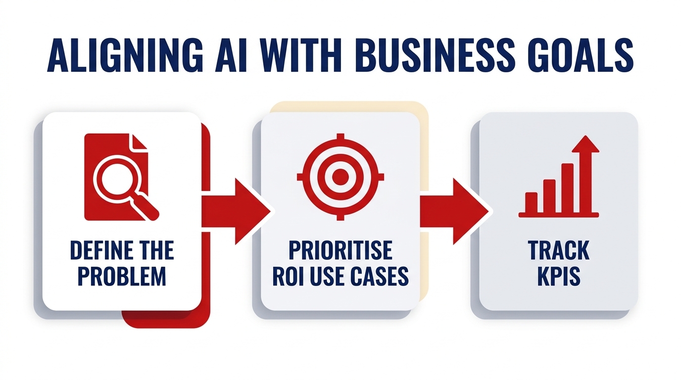 Diagram showing a three step process moving from defining the business problem to prioritising AI use cases by return on investment to tracking key performance indicators