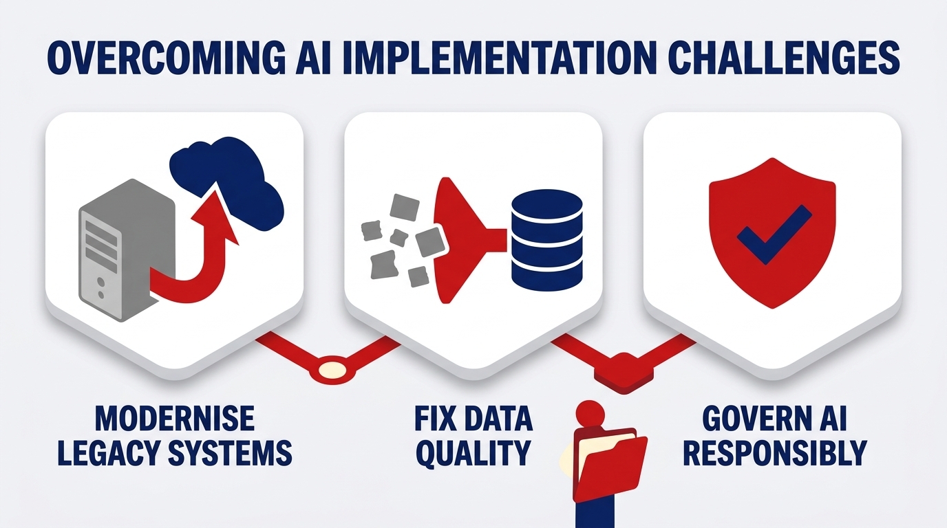 Diagram showing legacy system modernisation, data quality improvement and responsible AI governance as three ways to overcome AI implementation challenges