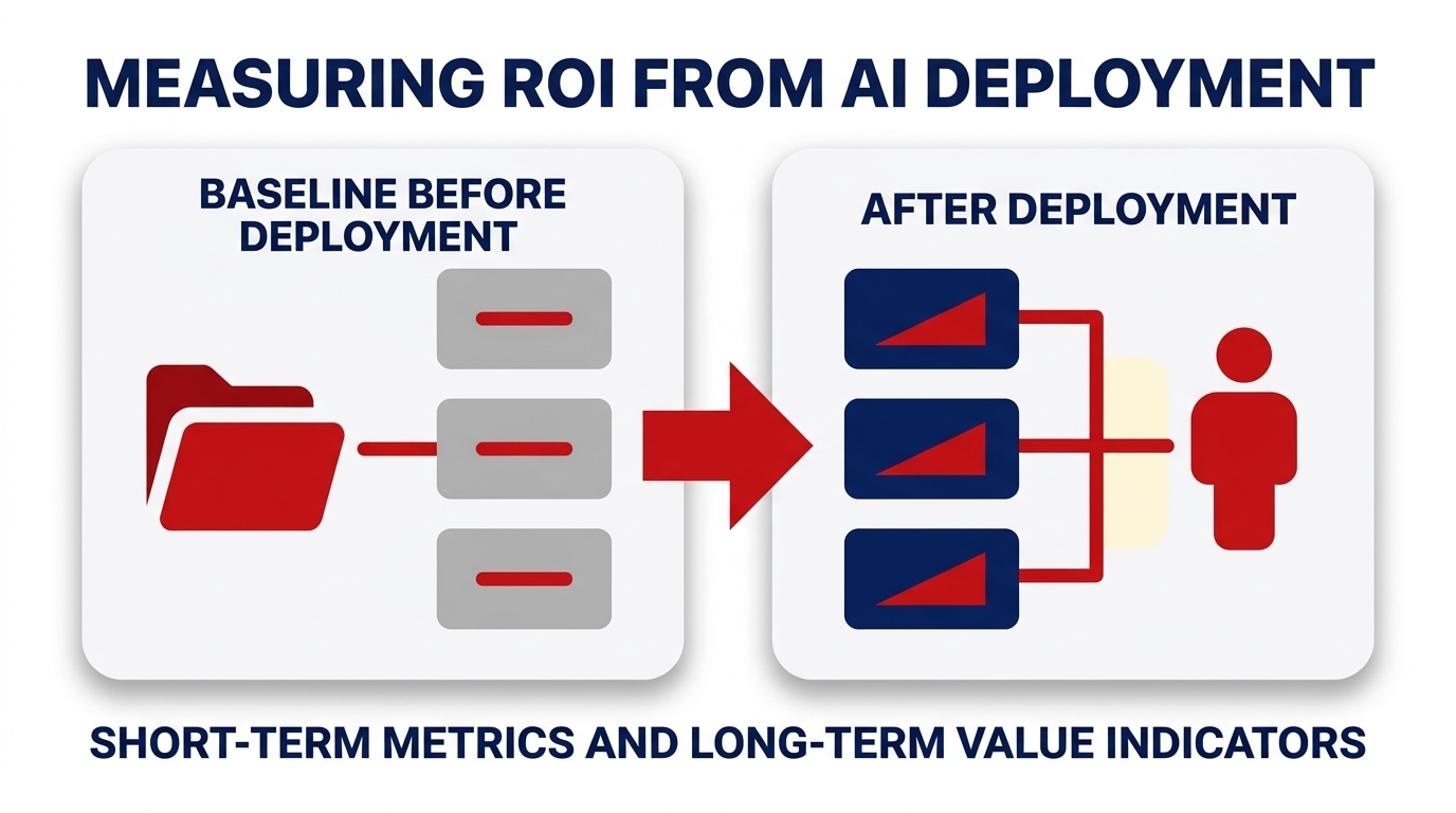 Diagram comparing metrics measured at baseline before AI deployment against metrics measured after deployment, covering short term and long term value indicators