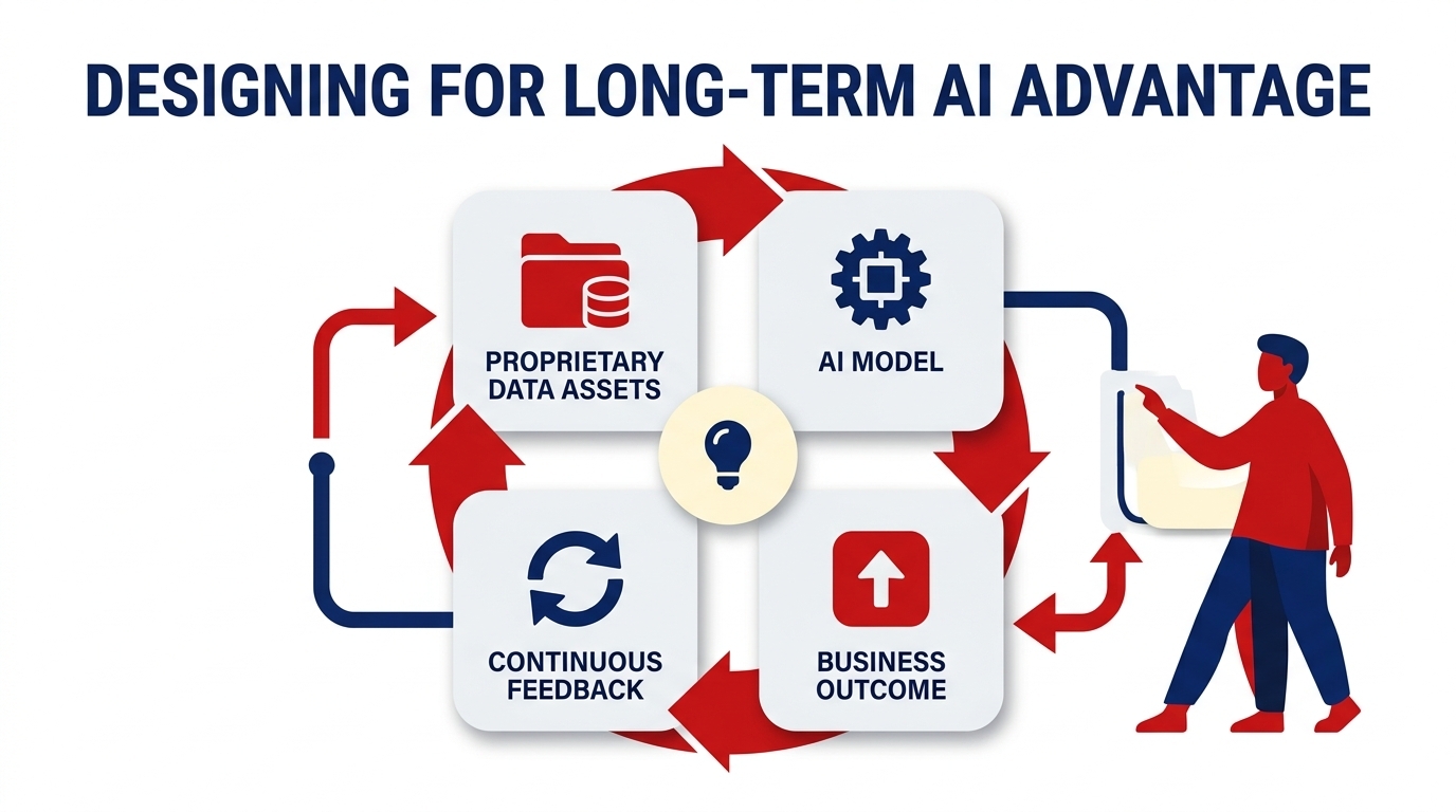Diagram of a continuous feedback loop linking proprietary data assets, the AI model, business outcomes and ongoing feedback