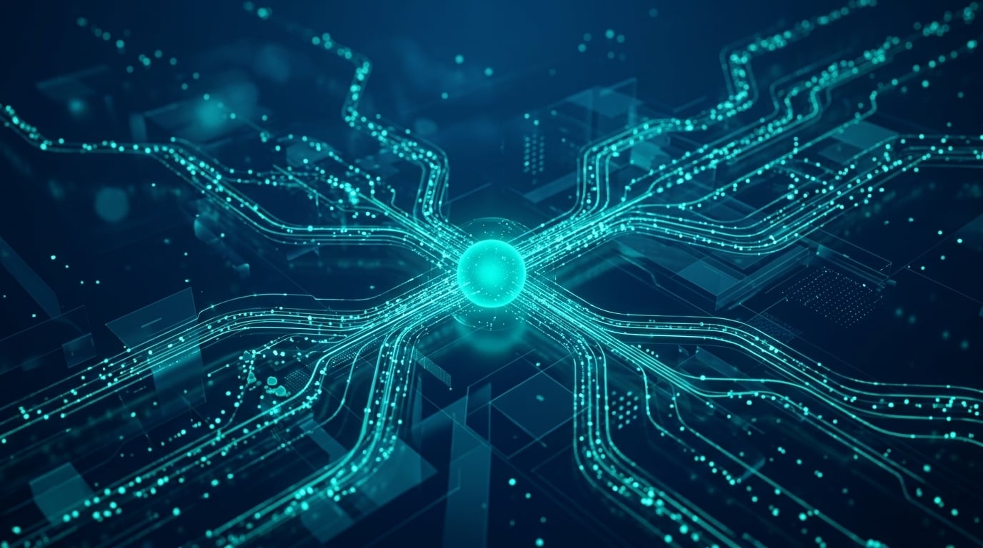 Abstract teal data streams routing through dark blue geometric network representing marketing operations governance