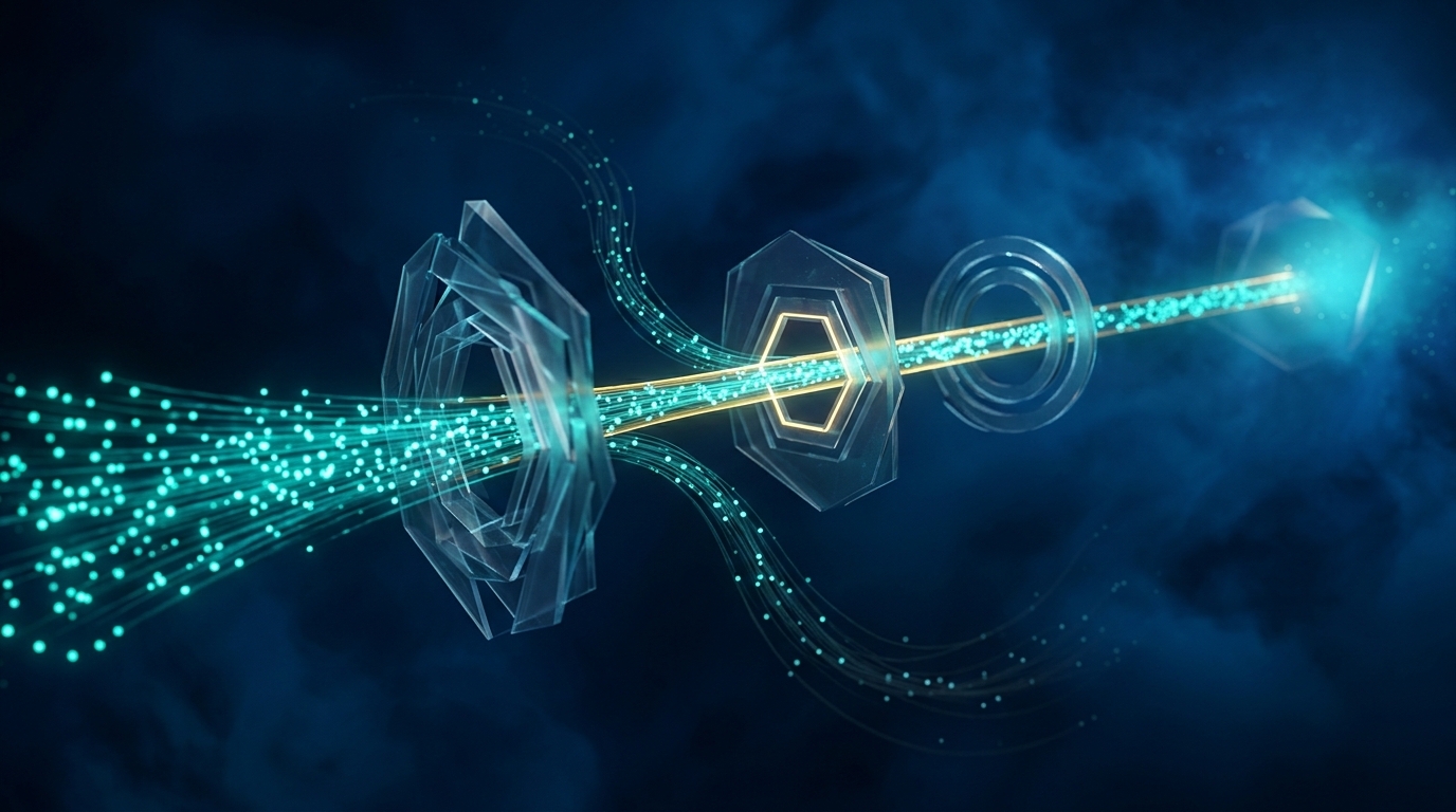 Abstract teal particle stream filtered through translucent gates in dark blue space representing lead scoring and routing