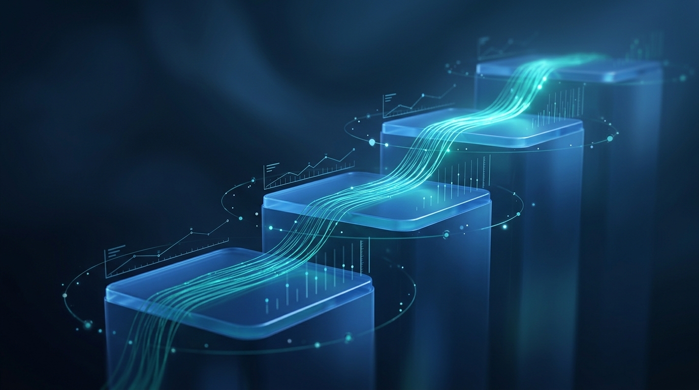 Abstract layered blue planes with ascending teal data threads representing marketing operations career progression and measurable outcomes
