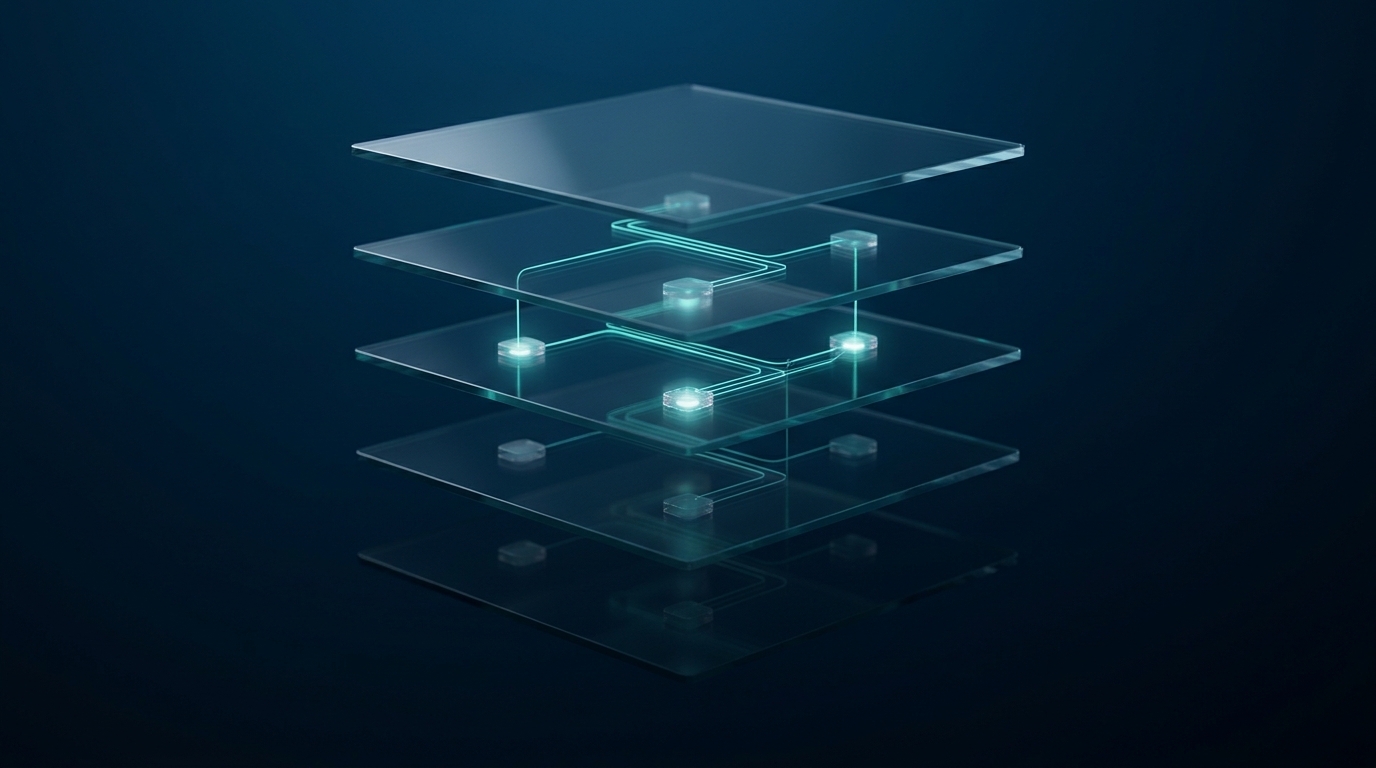 Abstract glowing teal network linking translucent layered nodes over deep blue cinematic background