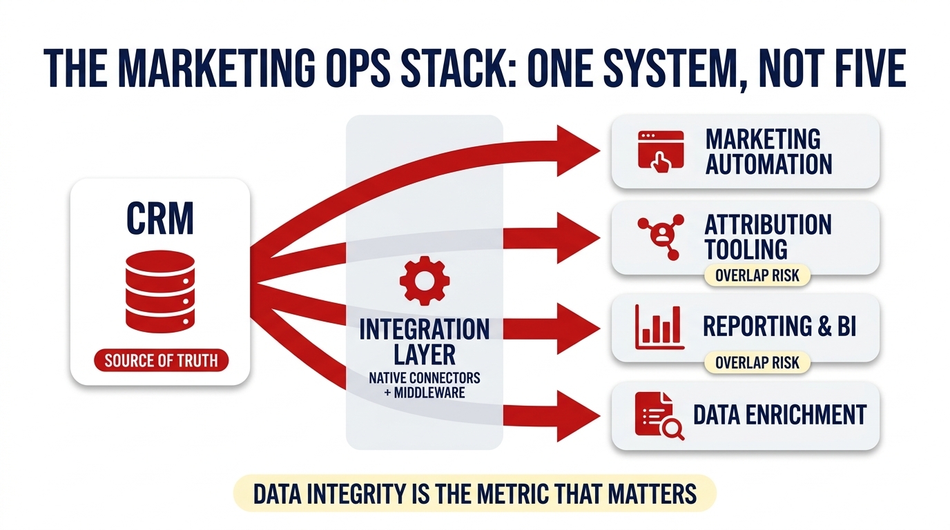 Filled infographic showing the CRM as the source of truth linked through an integration layer to marketing automation, attribution, reporting and enrichment tools