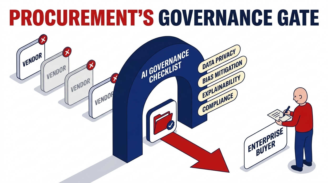 Suppliers filtered at an enterprise procurement checkpoint, with only the one carrying documented AI governance passing through