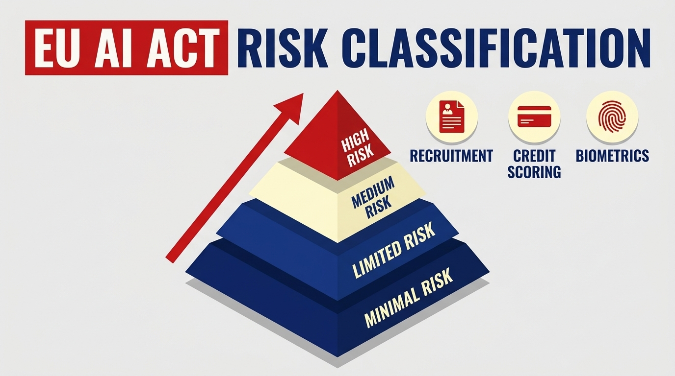EU AI Act risk classification tiers, with recruitment, credit-scoring and biometric systems shown in the high-risk band