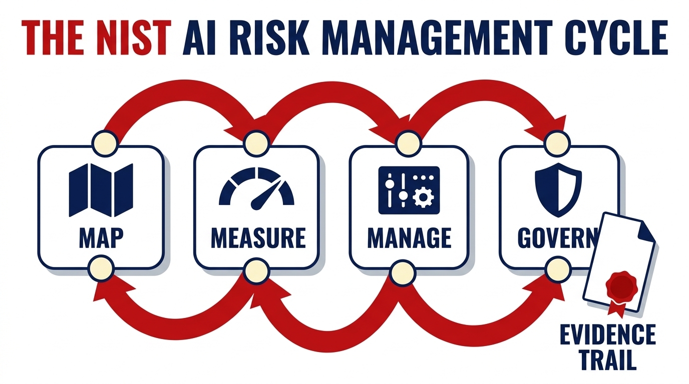 The four NIST AI Risk Management Framework functions as a continuous cycle producing a documented evidence trail